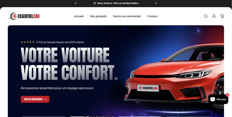 Capture du site Essentiel Car : présentation d'accessoires automobiles et navigation sur la boutique.