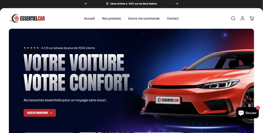 Capture d'une version du site Essentiel Car présentant l'offre d'accessoires automobiles.