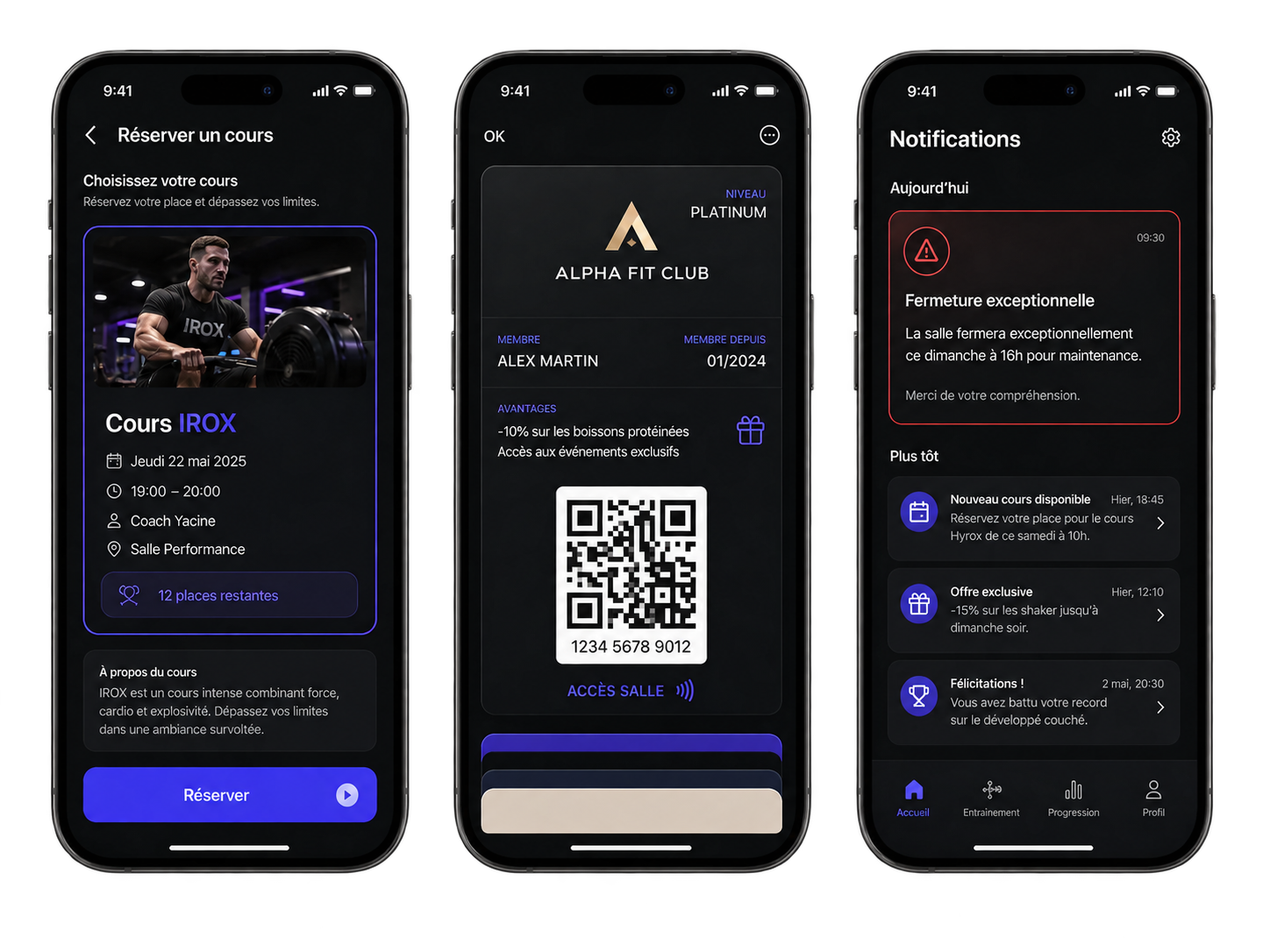 T&eacute;l&eacute;phones de l'application mobile pour salle de musculation