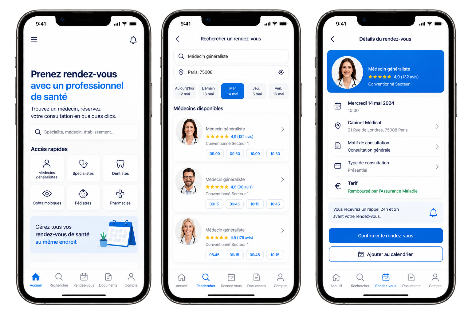 Trois vues d'une application mobile de prise de rendez-vous m&eacute;dicaux