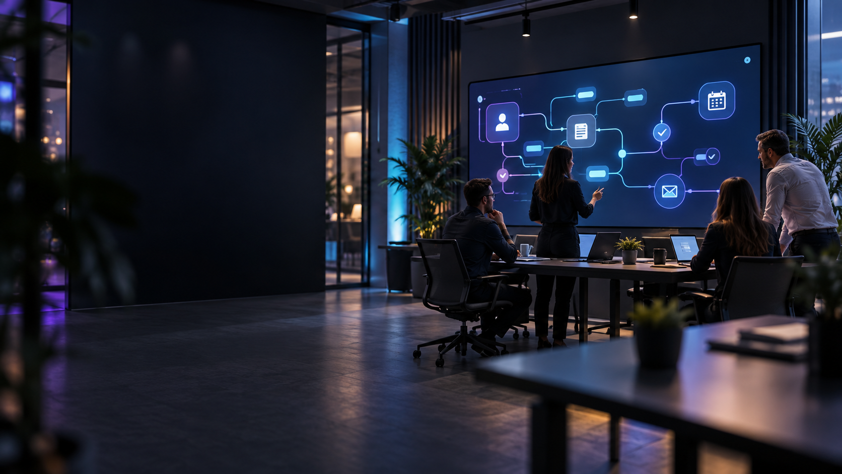 &Eacute;quipe travaillant sur un flux d&rsquo;automatisation reli&eacute; aux outils de l&rsquo;entreprise