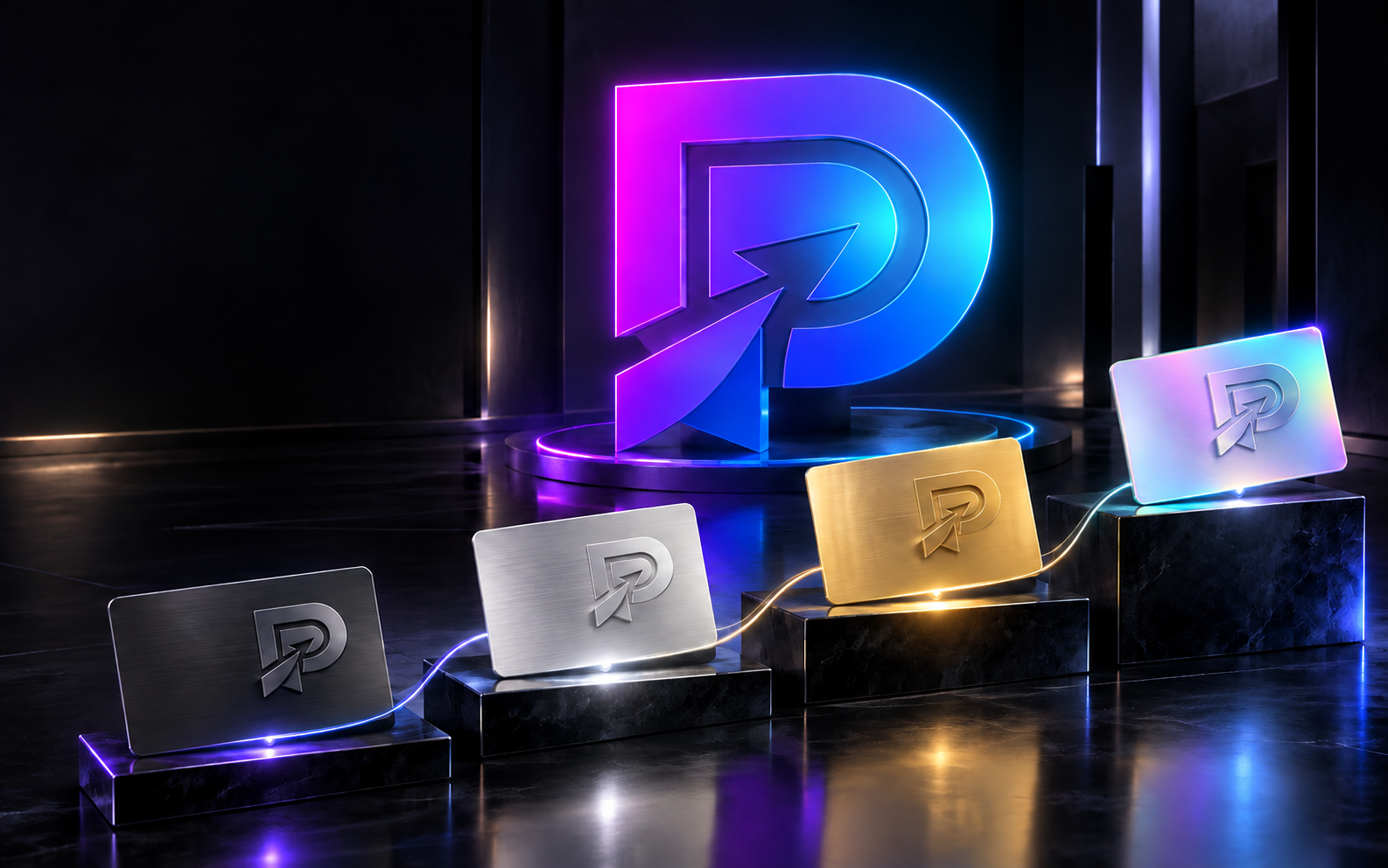 Quatre cartes distinctes portant le logo ProvisionWeb devant un symbole lumineux